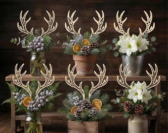 Wooden Reindeer Antler Plant Picks | Laser Cut Christmas Floral Decor | Boho Holiday Planter Stakes | Reindeer Antlers Ears Decor