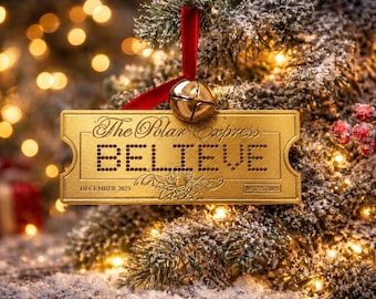 Personalized Polar Express Ticket Ornament 2026 | Punched BELIEVE Ornament with Sleigh Bell | Gold Train Ticket Ornament | Ready to Gift