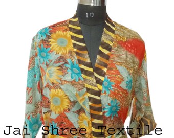 Indian Handmade Silk Bikini Cover Up Long Gown Nightwear Beach Dress Bohemian Floral Beach Robe Kimono Duster Jacket  Wrap Dress