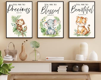 Safari Animal Bible Verse Nursery Wall Art | Christian PNG  Bundle| Kids Room Decor