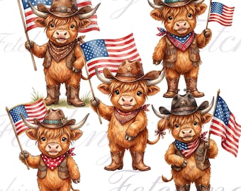 Highland Cow Western PNG Bundle, Patriotic Animal | Watercolor | American Flag