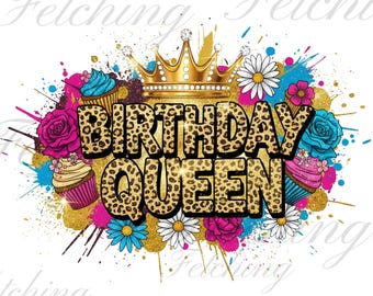 Birthday Queen PNG | Gold Crown Birthday Girl Clip Art | Leopard Print