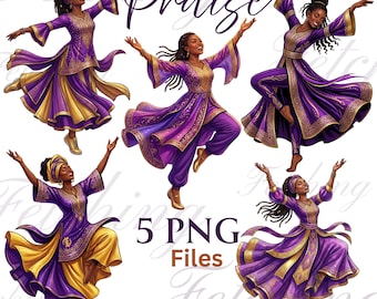 Black Woman Praise Dance PNG Set | Purple and Gold Worship Dancer Clip Art | Christian Crafts