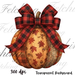 May include: A digital image of a pumpkin decorated with a red and black buffalo check bow. The pumpkin has sections with autumn leaves, acorns, and a wood grain effect. The text "300 dpi" and "Transparent Background" are at the bottom.