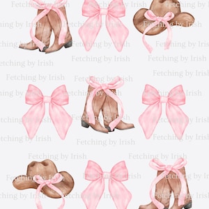 May include: A seamless pattern featuring pink bows, brown cowboy boots, and brown cowboy hats. The pattern is on a white background.