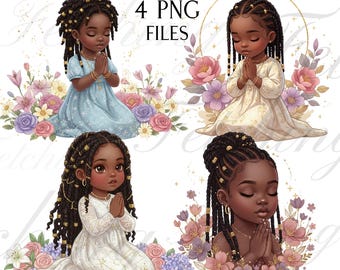 Black Girls Praying Printable, Flower Girl, Christian Afro Clip Art, Religious Digital Download