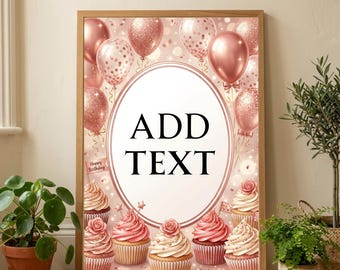 Rose Gold Birthday Party SVG PNG Frame | Cupcake Balloons Digital Download | Blank Invitation Template
