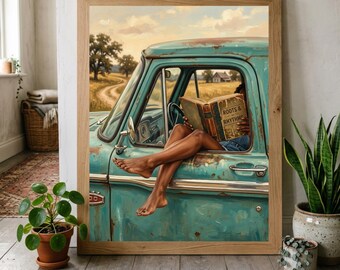 Black Woman Reading Book in Vintage Truck Oil Painting SVG PNG Wall Print
