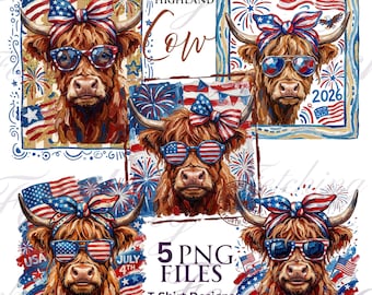 Highland Cow 4th of July PNG Bundle | Patriotic Cow T-shirt Design