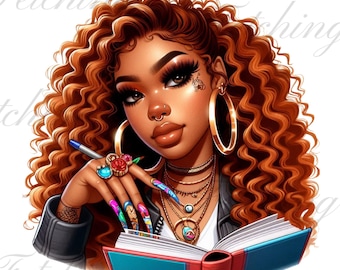 Ragazza nera che studia PNG / Unghie acriliche, orecchini a cerchio (download digitale)