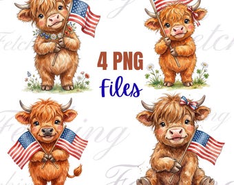 Baby Highland Cow Watercolor PNG Bundle Patriotic Clip Art | American Flag | Farm Animal
