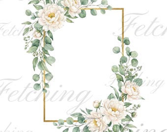 5  Elegant Peonies and Eucalyptus Gold Frame PNG Bundle | Wedding Border | Invitation Frame