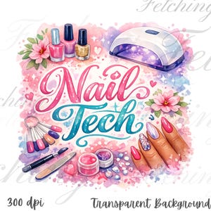Può includere: Illustrazione ad acquerello con il testo "Nail Tech". L'immagine presenta flaconi di smalto per unghie, una lampada UV, forniture per nail art e una mano con unghie curate. Sfondo acquerello rosa e viola.