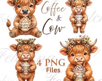 Baby Highland Cow Coffee PNG Bundle with Leopard Headband | Latte Lover | Farm Animal Clip Art