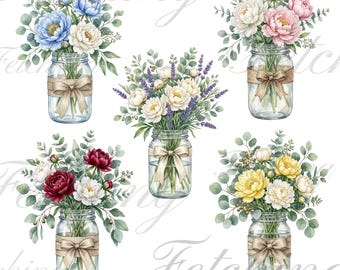 Mason Jar Flower PNG Bundle | Peony and Eucalyptus Clip Art |