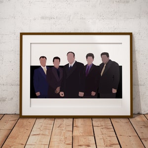 May include: A framed print depicting six men in suits standing together. The men are all wearing dark suits and ties. The background is a dark colour.
