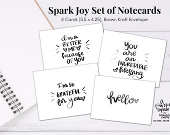 Spark Joy Notecard Collection with messages of gratitude and appreciation, set of 4 cards - 5.4 by 4.25 inches