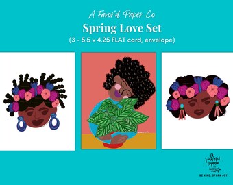 Black Woman Plant and Flower Art, Digital Black Notecard and Print Set (Set of 3)