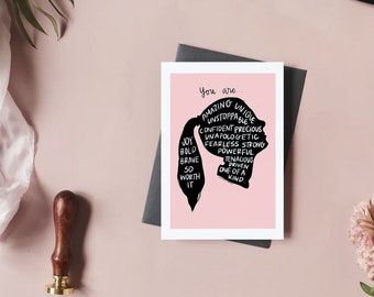 Empowerment and Encouragment, You Go Girl Hand Illustrated Card for Her - ponytail style