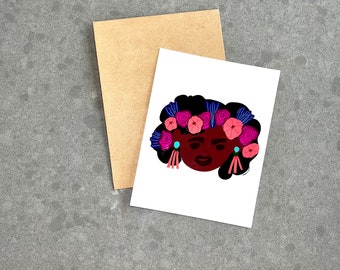 Black woman, Plant and Flower Notecard and Art Print 2. Natural Hair, Bold Colors - Pink, aqua, and dusty rose.