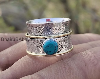 Green Turquoise Spinner Ring~Spinning~Spin~Meditation~Yoga~Anxiety~Anti Stress~Large Band~Sterling Silver 925~Mix Metals~Copper~Bronze~MS002