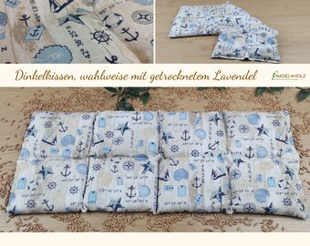 Spelt heat pads in different sizes with blue, maritime motifs