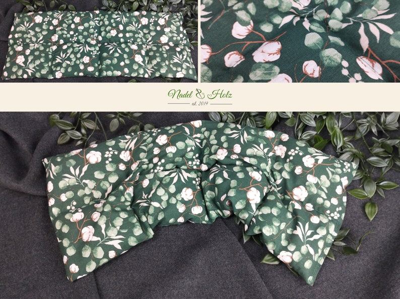Dinkel Wärmekissen in unterschiedlichen Größen mit Eucalyptus / Baumwollmotiv in grün Bild 1
