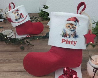 personalisierter Nikolaussocken mit Hunde- oder Katzenmotiv in rot, grün oder braun mit weißer Stulpe