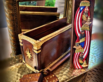Limited Edition Handcrafted Reyes Magos 24K Gold Leaf Wooden Domino Set Dominoes Puerto Rico