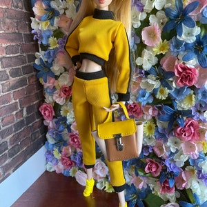 Fashion Doll Lounge Wear in Mustard and Black | Fashion Royalty Doll Sweatpants & Sweatshirt | Active wear | 12” inch Doll Tracksuit Set |