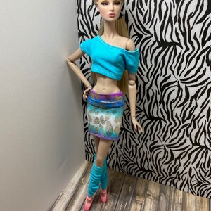1980s inspired outfits for 12inch Doll Off-shoulder tops fits MTM Doll Mini Skirt Doll leggings Fashion Royalty Doll clothes image 6