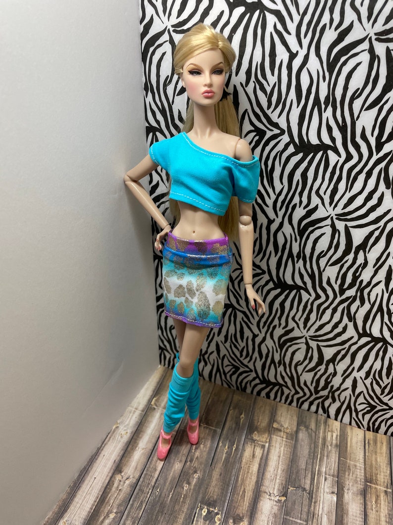 1980s inspired outfits for 12inch Doll Off-shoulder tops fits MTM Doll Mini Skirt Doll leggings Fashion Royalty Doll clothes image 6