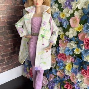 Beautiful Lavender Jumpsuit with Attached Belt | Floral Print Long Coat | Matching Outfits for 12” Inch Dolls | Fashion Royalty Clothes |