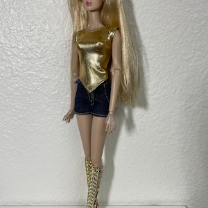 OOAK 12” Inch Doll High Waisted Denim shorts and Shimmery Gold Top | Doll Clothes | Fashion Royalty Dress | Fashion Royalty Gown |