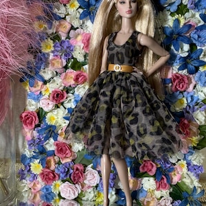 12” Inch Doll Sheer Cheetah Print Flare Dress with Ruffled Sleeves | Doll Clothes | Fashion Royalty Dress | Fashion Royalty Doll Outfit |