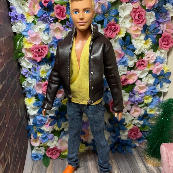 12” Inch Doll Pleather Jacket | Doll Mustard Muscle  T- Shirt  | Doll Clothes | 12”inch Male Doll Outfit | Doll Jeans |