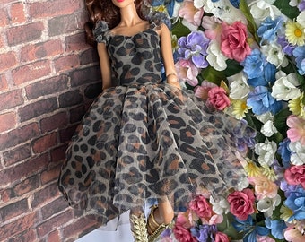 12” Inch Doll Sheer Cheetah Print Flare Dress with Ruffled Sleeves | Doll Clothes | Fashion Royalty Dress | Fashion Royalty Doll Outfit |