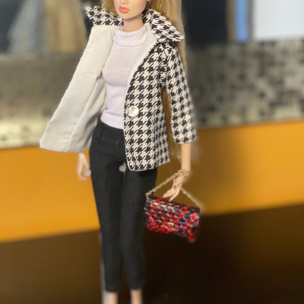 Houndstooth 12” Inch Doll Jacket | Doll Coat Jacket | Doll Clothes | Fashion Royalty Coat |  3/4 Sleeve Houndstooth Doll Coat