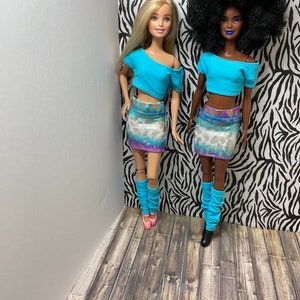 1980s inspired outfits for 12inch Doll Off-shoulder tops fits MTM Doll Mini Skirt Doll leggings Fashion Royalty Doll clothes image 4