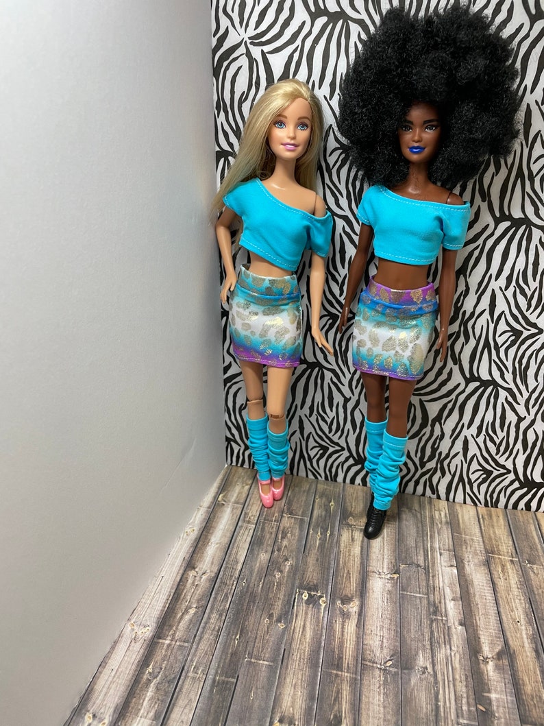 1980s inspired outfits for 12inch Doll Off-shoulder tops fits MTM Doll Mini Skirt Doll leggings Fashion Royalty Doll clothes image 4