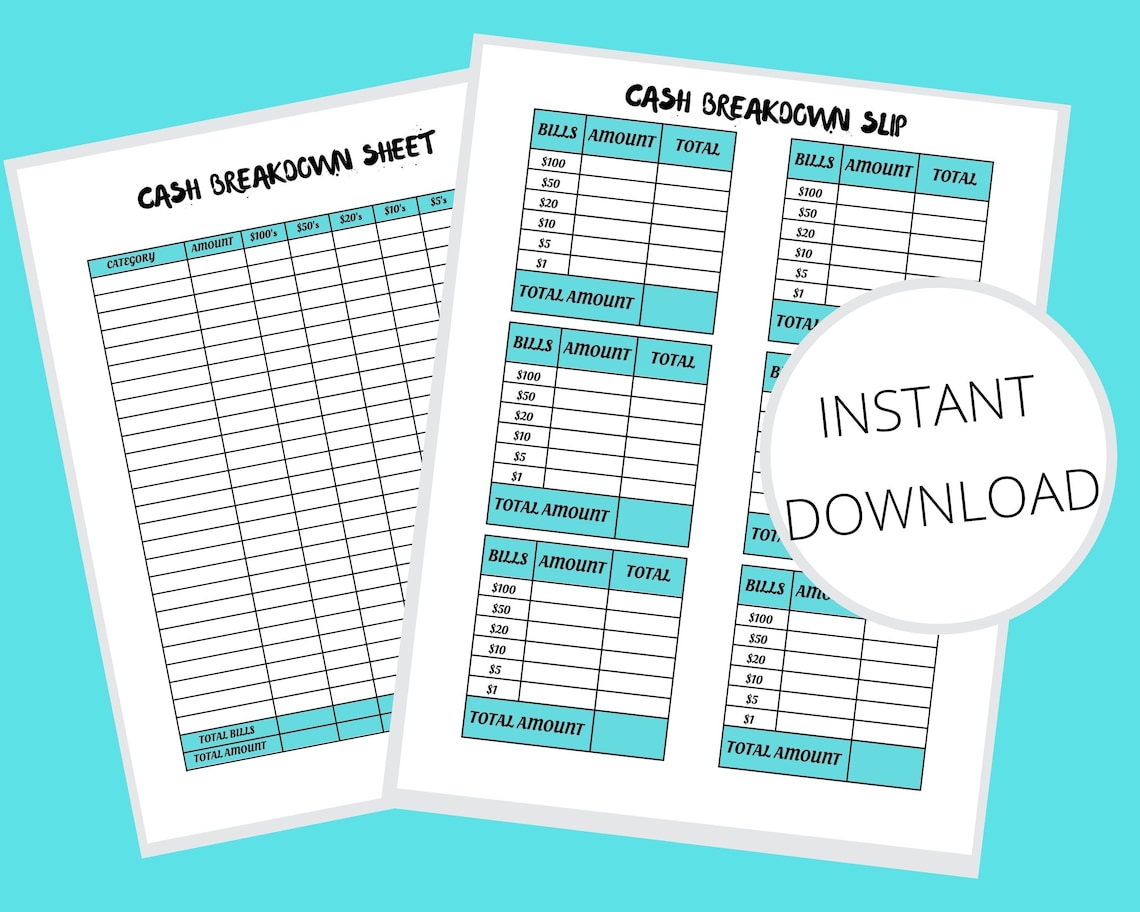 Cash Breakdown Sheet Printable Cash Breakdown Slips Cash - Etsy
