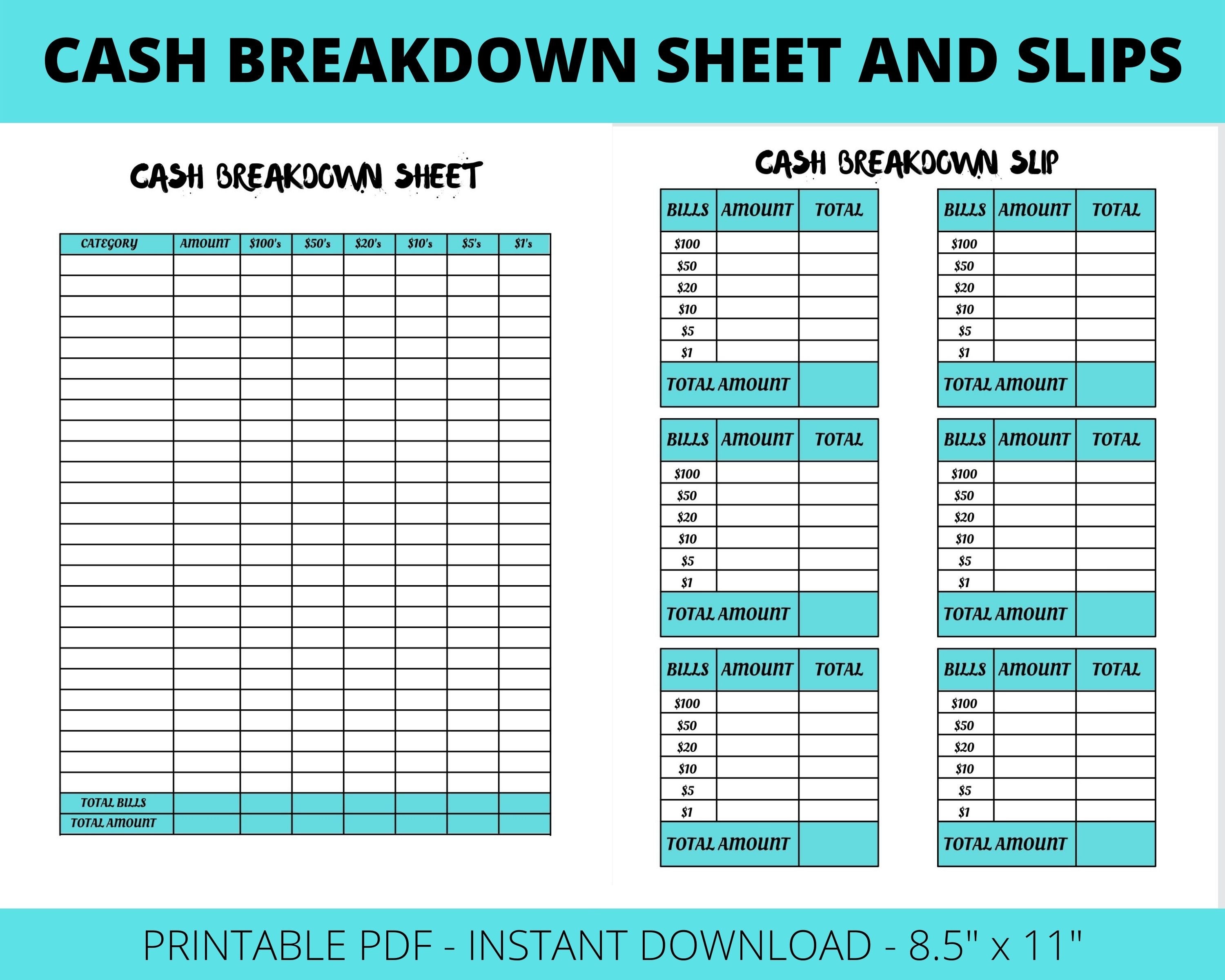 Cash Breakdown Sheet Printable Cash Breakdown Slips Cash - Etsy Finland