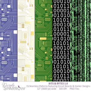 Bits & Bytes 1.0 Naadloos herhalende patronen | Ontwerpen van printplaten | PNG-bestanden | Sublimatie ontwerpen | Nerd / nerd / hacker
