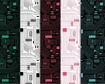 May include: 50 seamless digital patterns featuring circuit boards and binary code in black, white, green, and pink. The patterns are 12 inches wide and 300 DPI.