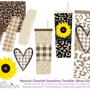 Op de afbeelding: Een digitale ontwerpset voor 20 ounce slanke bekers met 50 PNG-bestanden met een neutrale cheetah-print, ruitjes, harten en zonnebloemen. De tekst "Neutral Cheetah Seamless Tumbler Wrap Design Kit" staat onderaan de afbeelding.