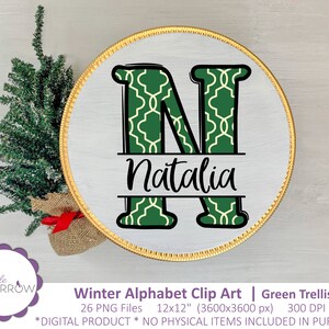 May include: A round, white sign with a gold border features a green trellis pattern letter N and the name Natalia. The sign is 12 inches by 12 inches and is part of a winter alphabet clip art set.
