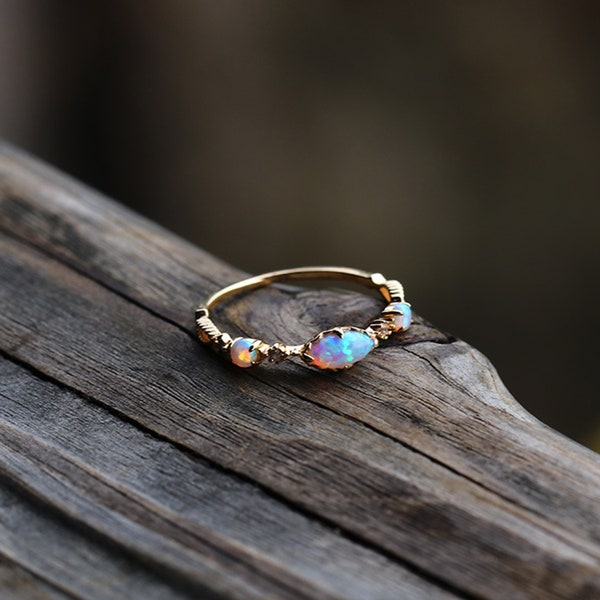 Raw Opal Ring Silver 18k Gold Plated Ring Australian Opal Jewelry Gold Filled Crystal Ring Fire Opal Dainty Opal Ring Gift for Her