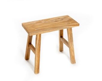 Banco pequeño vintage hecho a mano en madera de teca - 30 x 16 x 30 cm de alto