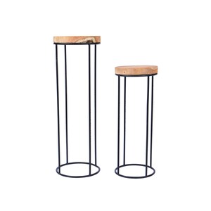 Könnte beinhalten: Zwei schwarze Metall-Pflanzenständer mit runden Holzplatten. Der höhere Ständer ist etwa 50 cm hoch und der niedrigere Ständer ist etwa 38 cm hoch.