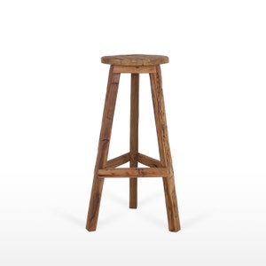 Tabouret de bar vintage vieux teck - rond - 3 pieds - H 76 cm